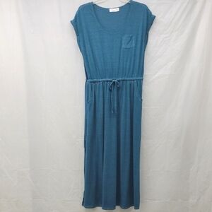 Long Maxi Dress Teal Blue Green Drawstring Tie Waist Short Sleeve Roll Up